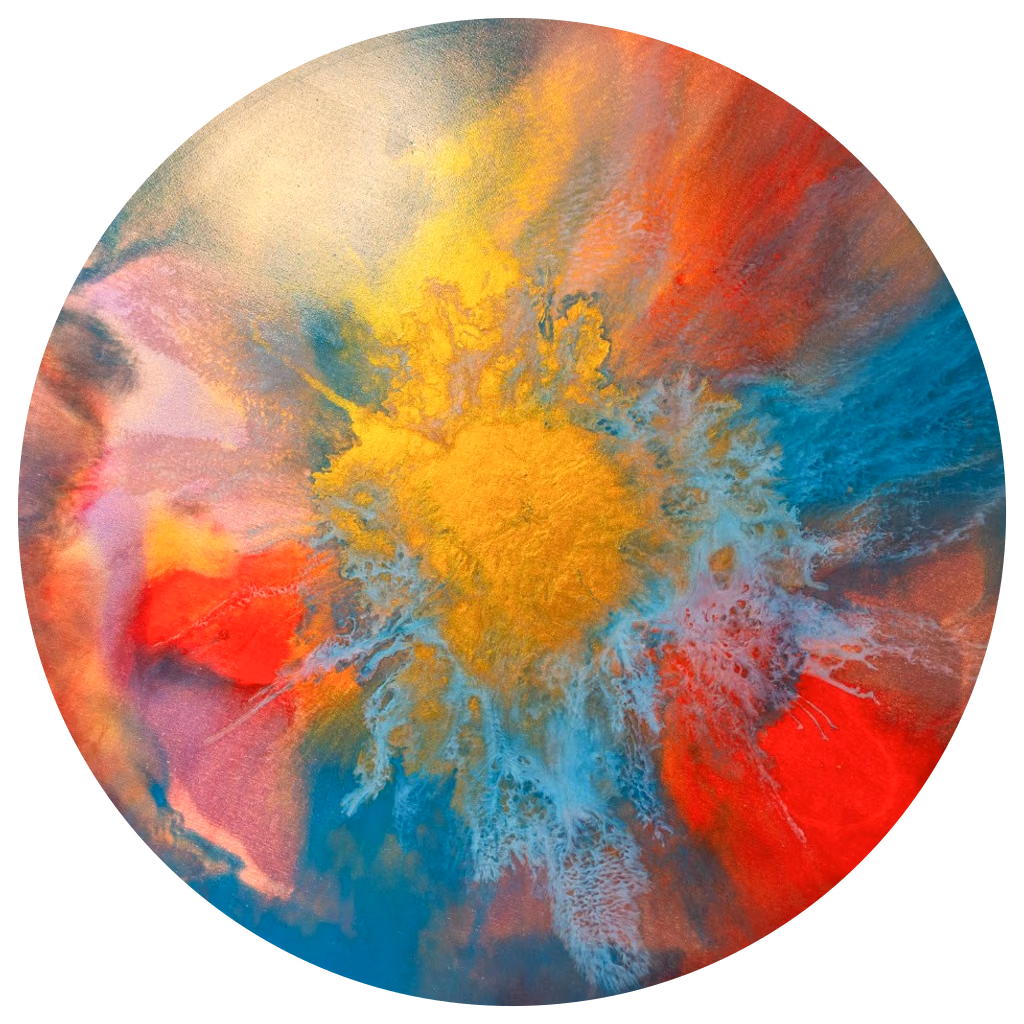 Toile ronde de Sarah Fenehari : cœur doré, éclats rouges et bleu turquoise